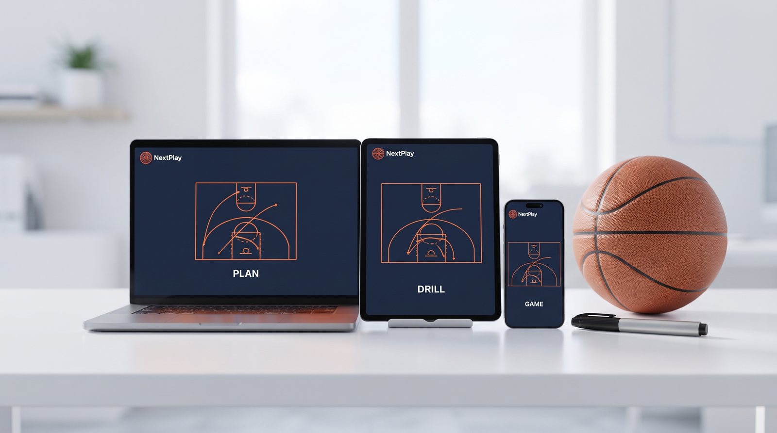 A laptop, a tablet and a phone on a white desk, each showing the same playbook app with a play diagram on it, a basketball and a marker beside them
