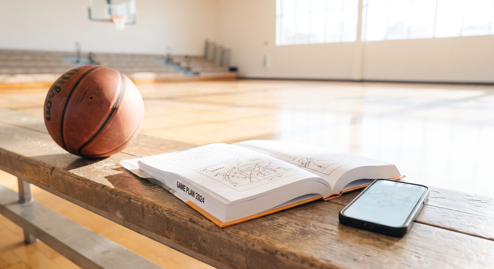 An open playbook of hand drawn plays on a gym bench, a phone showing the same diagrams and a basketball beside it in the morning light