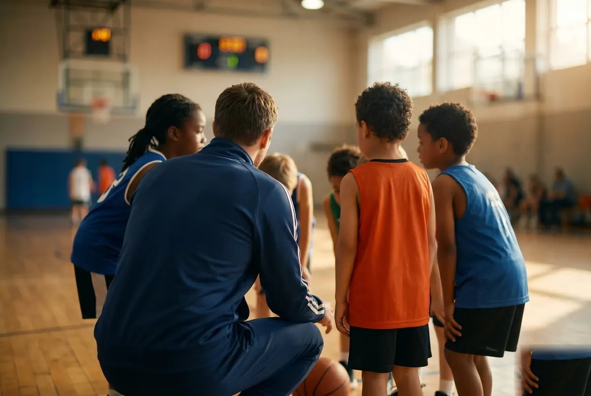 A youth basketball coach kneeling to talk with a huddle of young players during practice