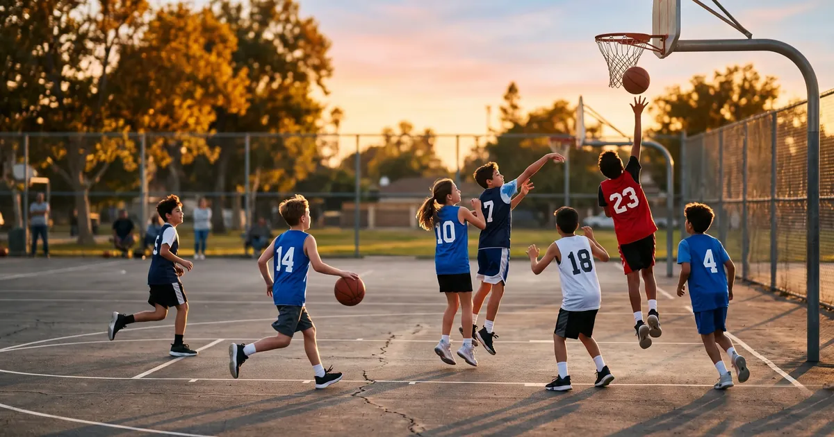 A youth basketball team enjoying a practice game outdoors on a sunny day