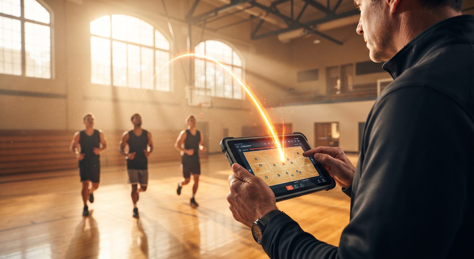 A coach holding a tablet with a play on it in a sunlit gym, a glowing line arcing from the screen toward three players jogging into position