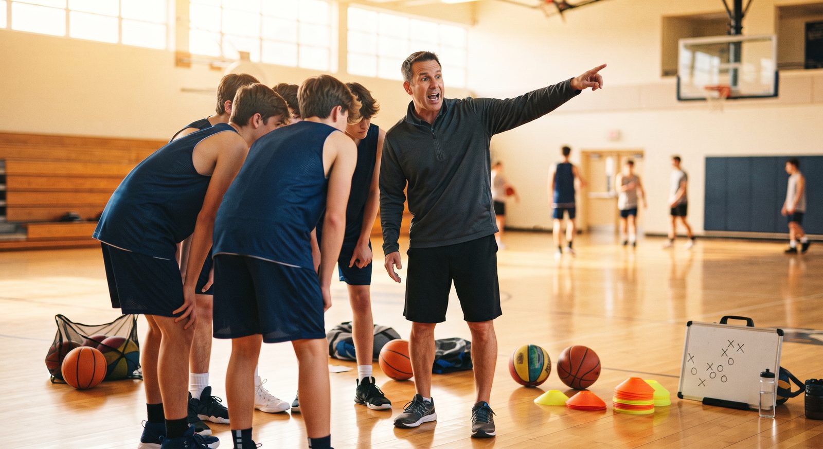 A coach pointing across the floor while a group of teenage players listens in a huddle, cones and a whiteboard with a play on the court behind them