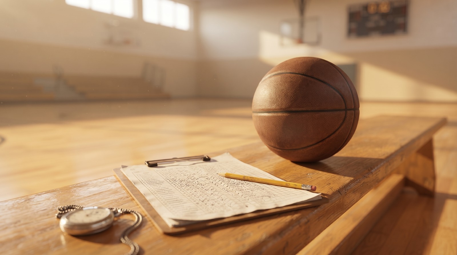 A clipboard with a handwritten box score, a pencil and a stopwatch on a wooden gym bench next to a basketball