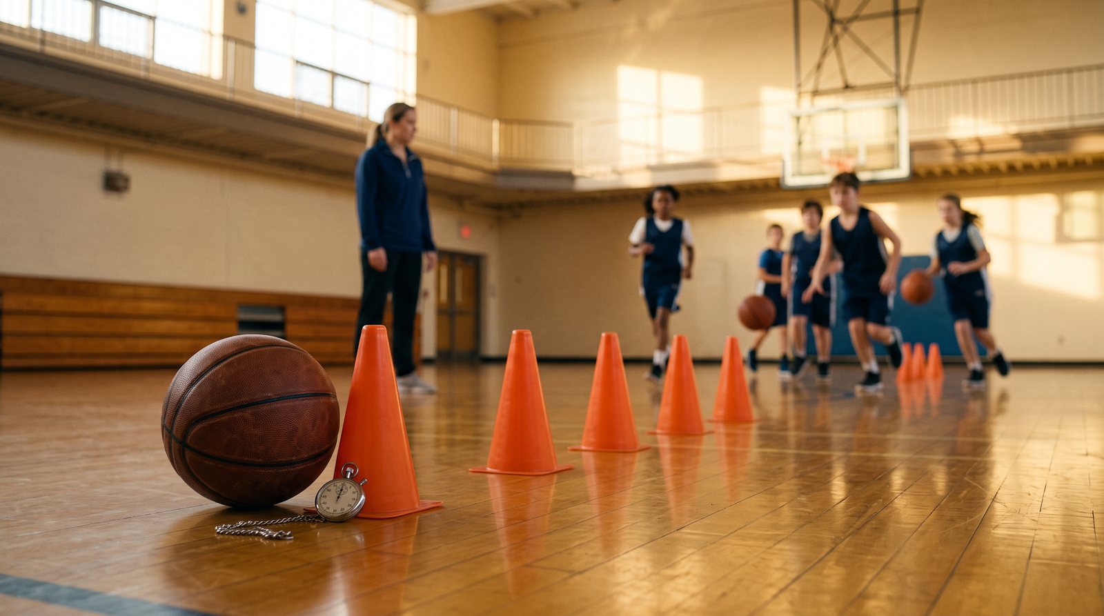Orange cones, a basketball and a stopwatch on a gym floor in the foreground, with a coach watching a group of young players dribble at the far basket