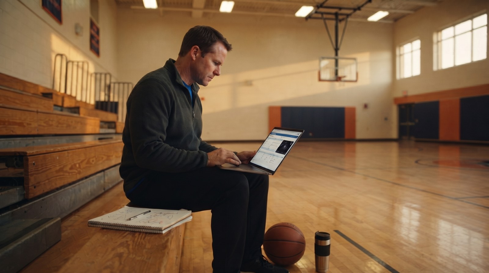 A high school basketball coach sitting on the bleachers of an empty gym in the evening, reading a laptop with a notebook and a basketball beside him