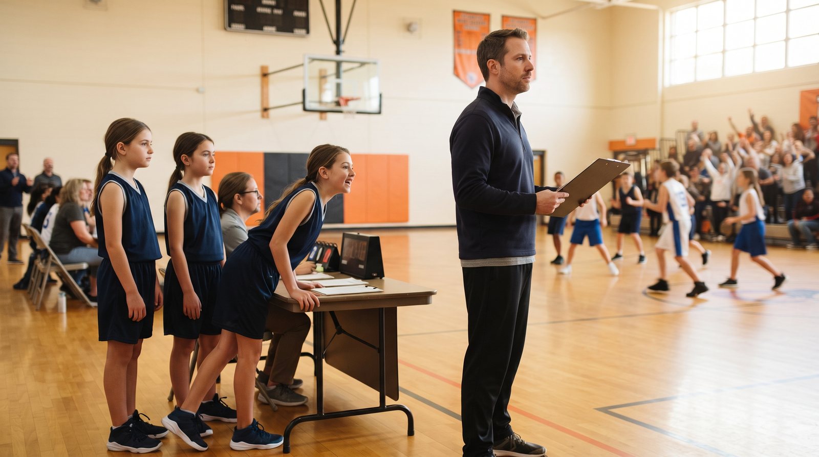 A youth basketball coach on the sideline holding a clipboard with a substitution chart while players wait at the scorer's table
