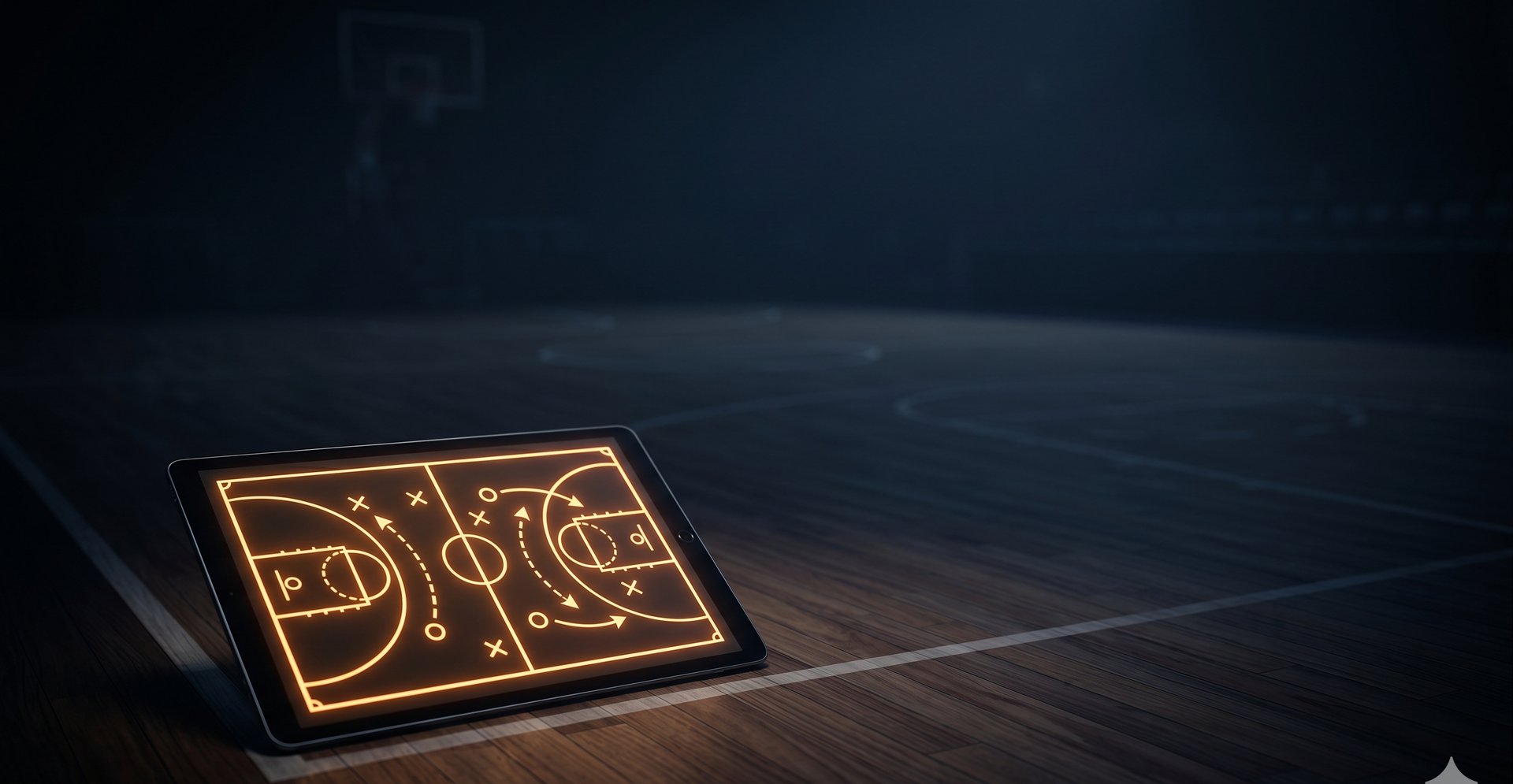 A full court play diagram lit up on a tablet lying on a gym floor