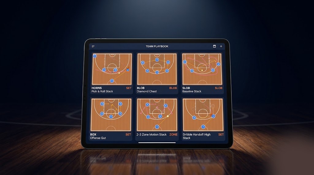 NextPlay playbook on an iPad — a grid of basketball plays with court diagrams, names, and category tags